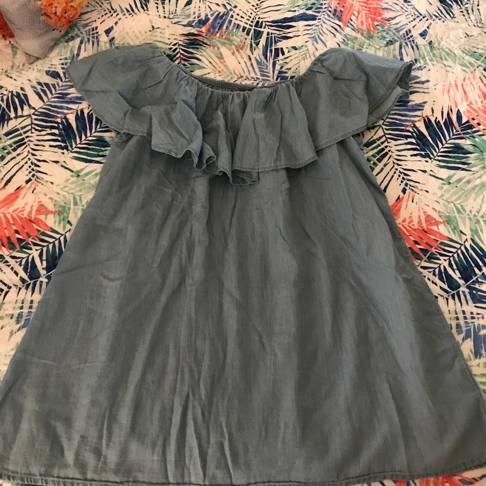 Off the shoulder ruffle denim shirt