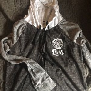 Pink zip up hoodie grey and white