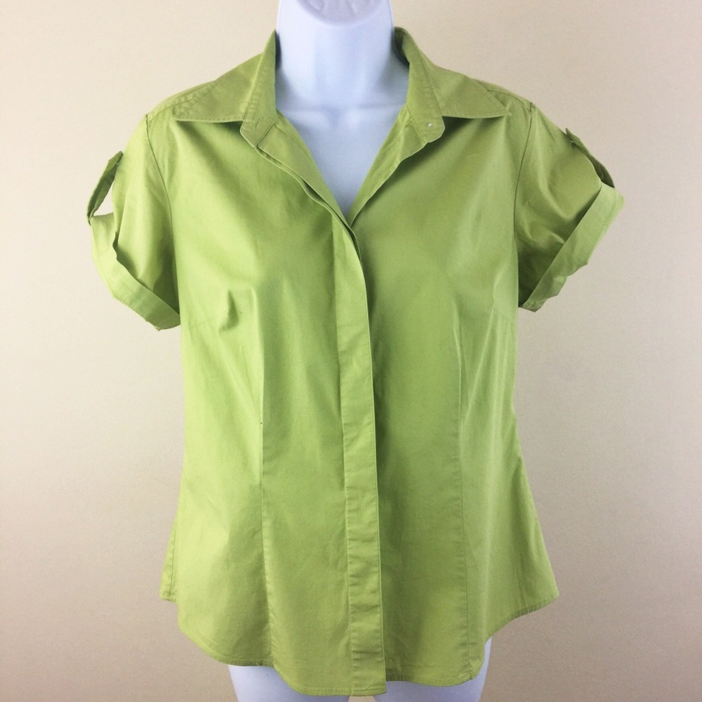 Ann Taylor Green Button Down Short Sleeve Top Sz 8