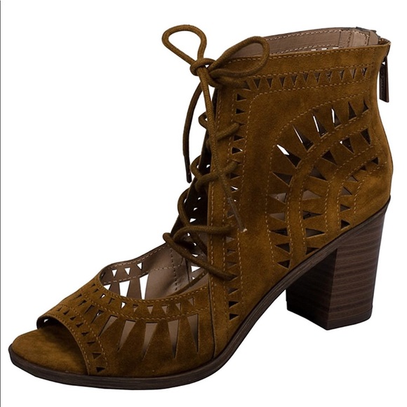 Tan Geometric Cut Out Lace Up Peet Toe Bootie - Picture 2 of 4
