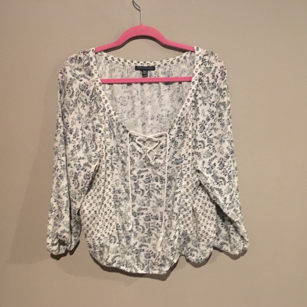 American Eagle Peasant Top Boho Ivory Blouse