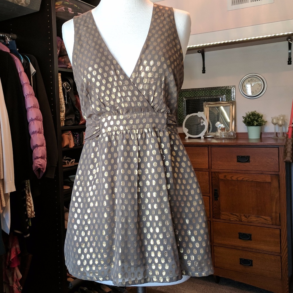 French Connection Silk Metallic Gold Polka Dot Top *
