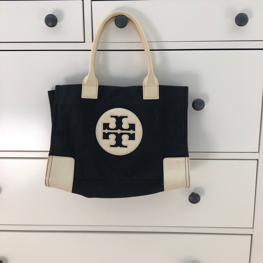 Authentic Tory Burch Black Canvas Mini Ella Tote