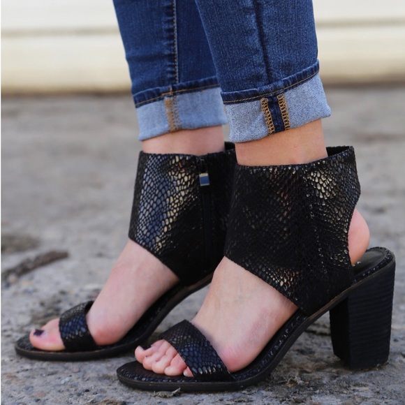 Black Snake Embossed Ankle Strap Block Heel Sandal - Picture 2 of 5