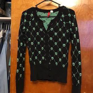 H&M button down blue and teal skull sweater