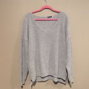 Oversized V Neck Tunic Sweater Plus Size grey
