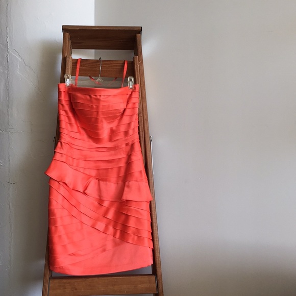 Strapless Coral Satin Cocktail Dress - Picture 3 of 6