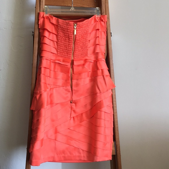 Strapless Coral Satin Cocktail Dress - Picture 4 of 6