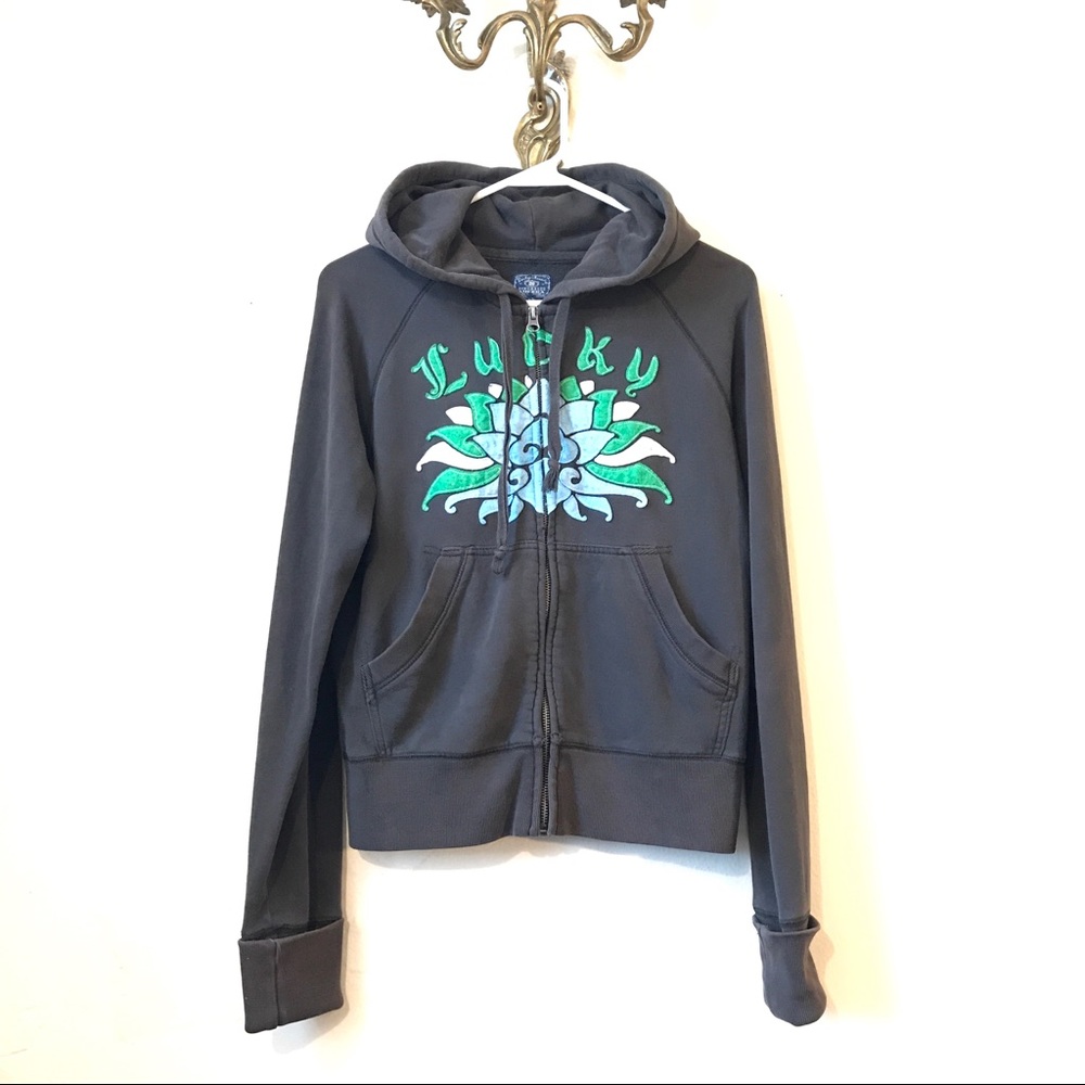 LUCKY BRAND - Gray Faded-Look Embroidered Hoodie