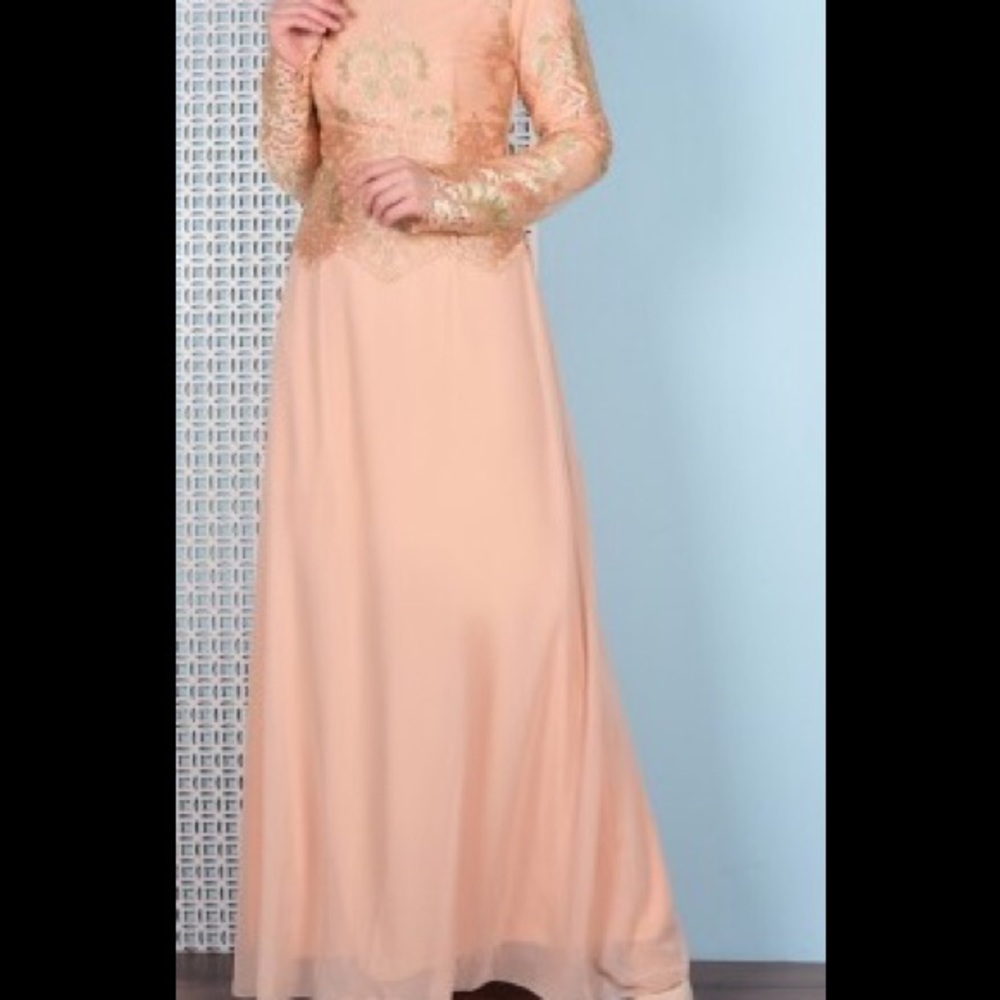 Maxi peach/salmon dress with layers and gold trim