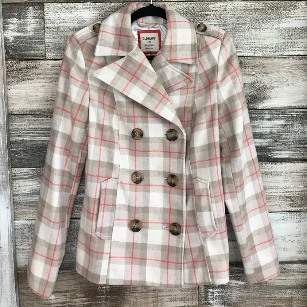 NWOT. Old Navy Wool Blend Plaid M Tall Peacoat