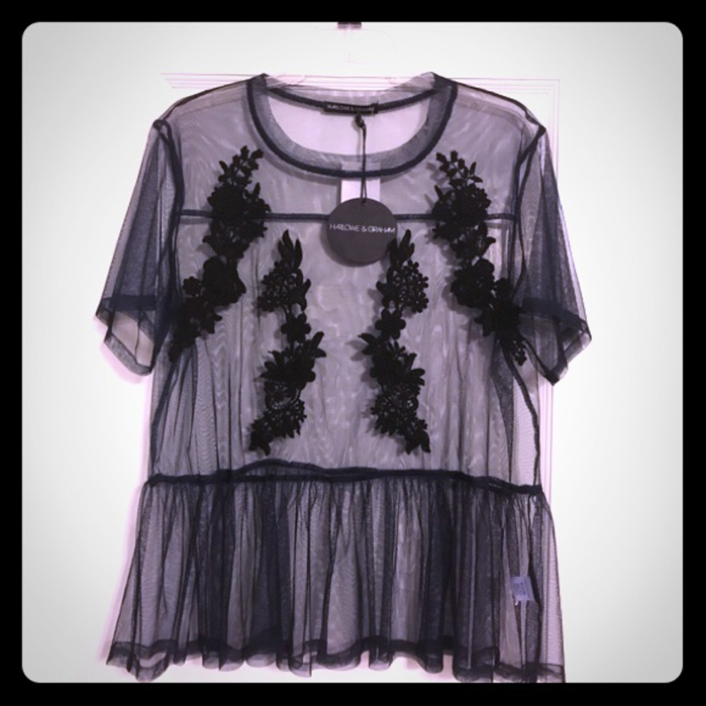 Mesh Peplum Top with Embroidery