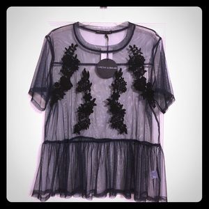 Mesh Peplum Top with Embroidery