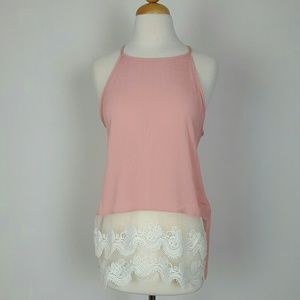 NWT . WOMEN THANK TOP LACE TRIM CUT COLOR PINK .