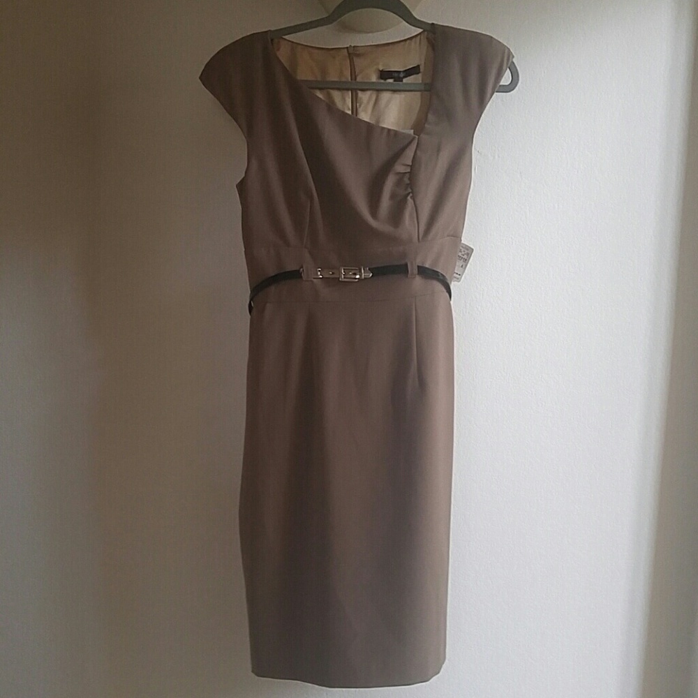 Single by Galina Sobolev Tan Belted Sheath Dress