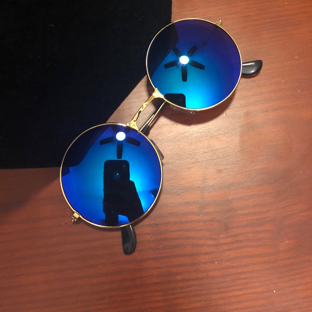 Round Gold Frame Blue Mirrored Sunglasses