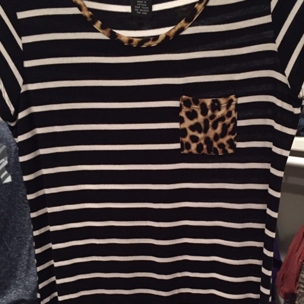 navy white and leopard striped shirt