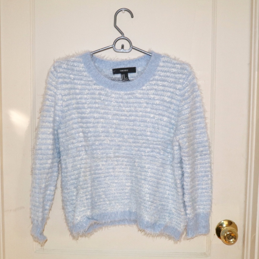 Blue Forever 21 striped fuzzy sweater