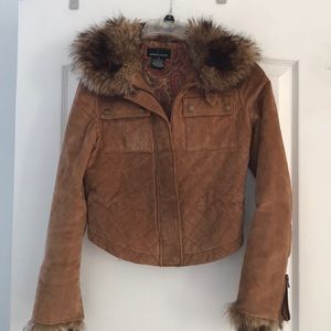 Cognac Suede jacket with faux fur trim detail