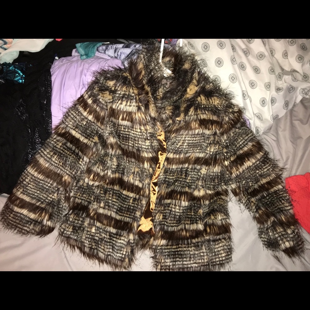 Brown multicolored faux fur coat