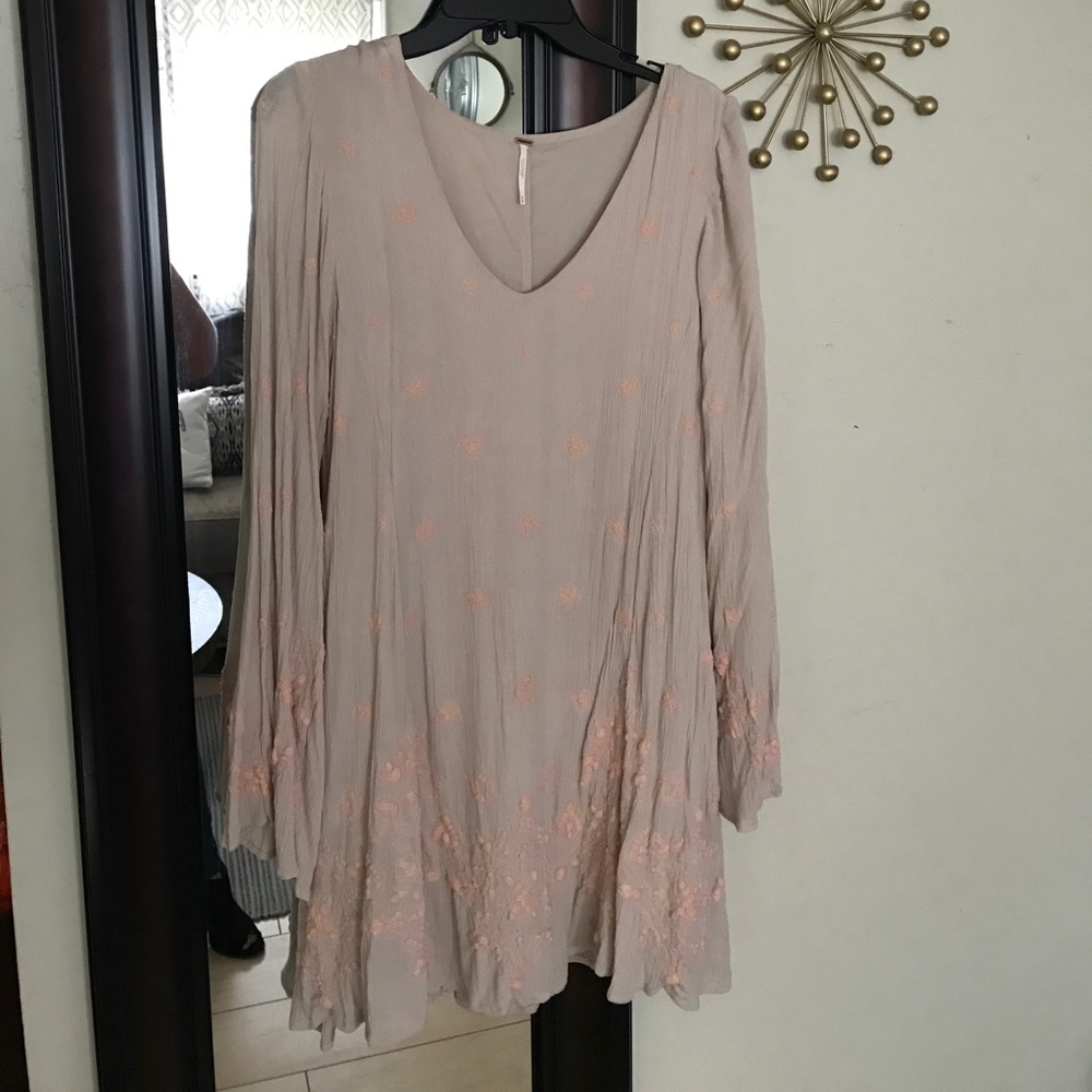 Free People Tan and Pink Embroidered Dress