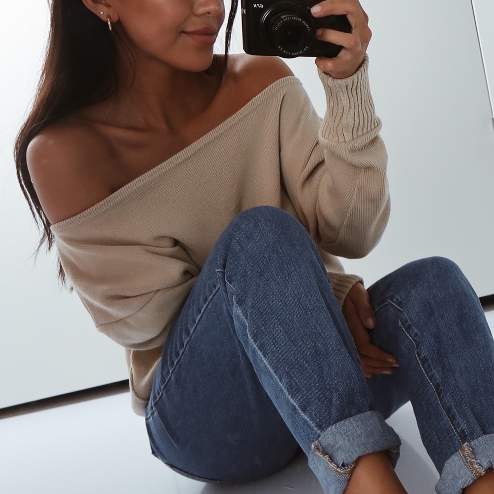 Tan Over Shoulder Sweater