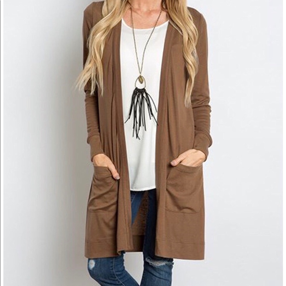 Long jersey knit brown cardigan with pockets