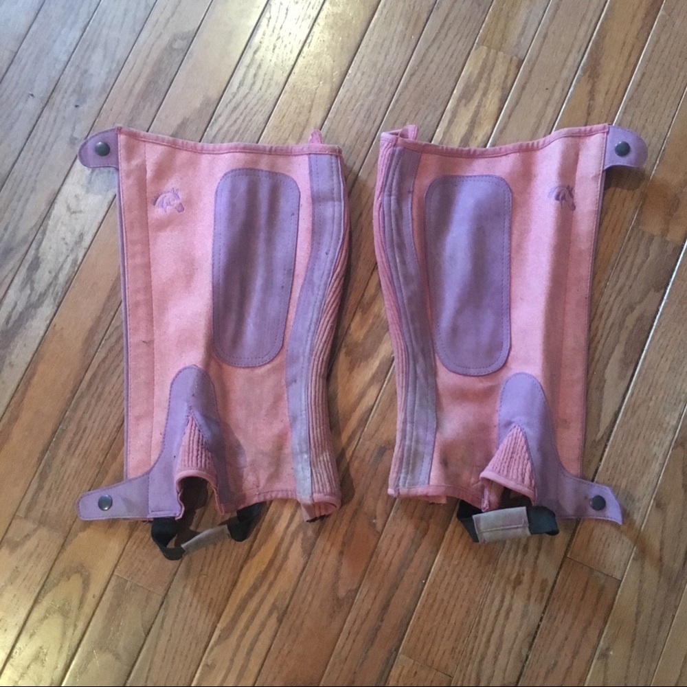 Pink and purple suede half chaps.