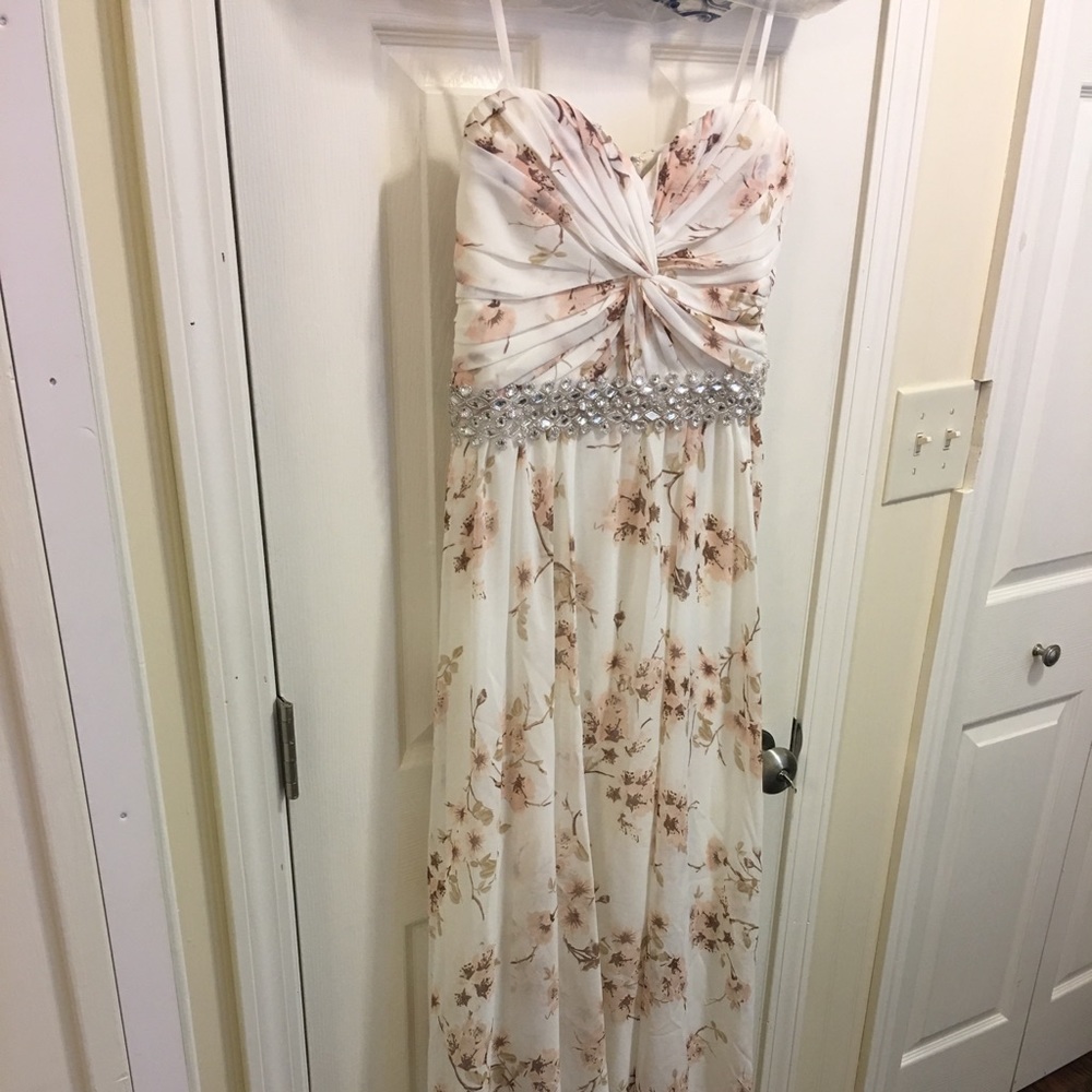 Formal dress, full length, blush floral detail