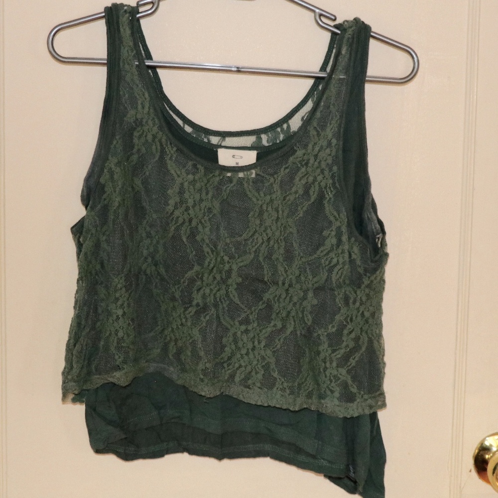 UO forest green tank with lace on top