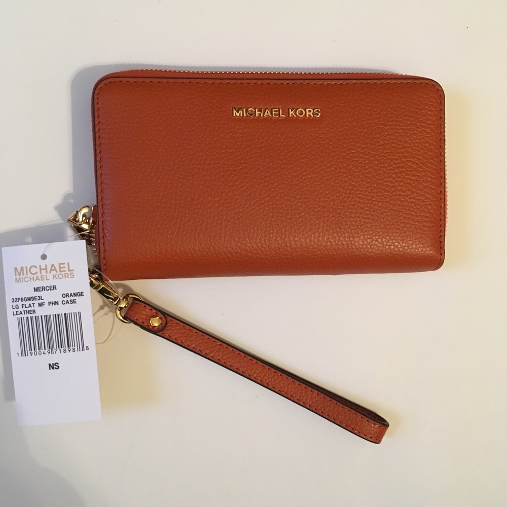 Michael Kors Mercer Orange Leather Wristlet New!