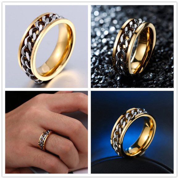 Stainless Steel Chain Link Spinner Rings. gold metal ring, silver metal chain  . - Picture 3 of 7