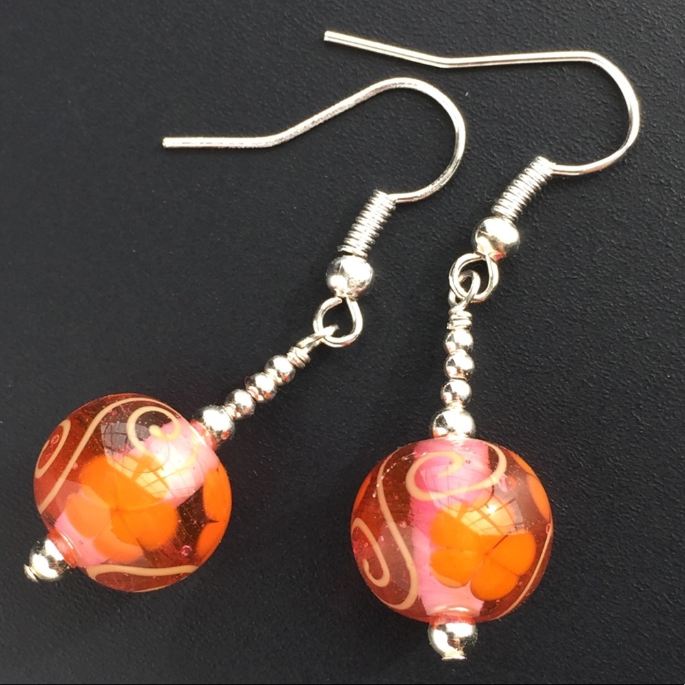 Juicy Orange Cranberry Glass Earrings Floral Beads