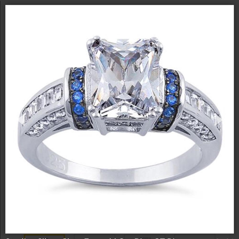Sterling Silver Clear Emerald Cut Blue CZ Ring