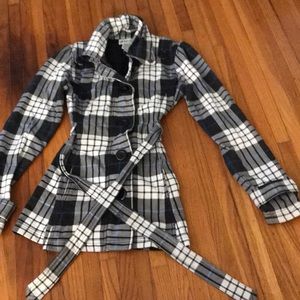 Black/white coat with small bits of blue