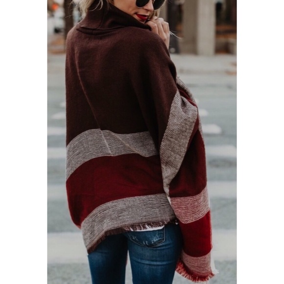 Brown Burgundy Plaid Shawl Poncho One Size - Picture 2 of 4
