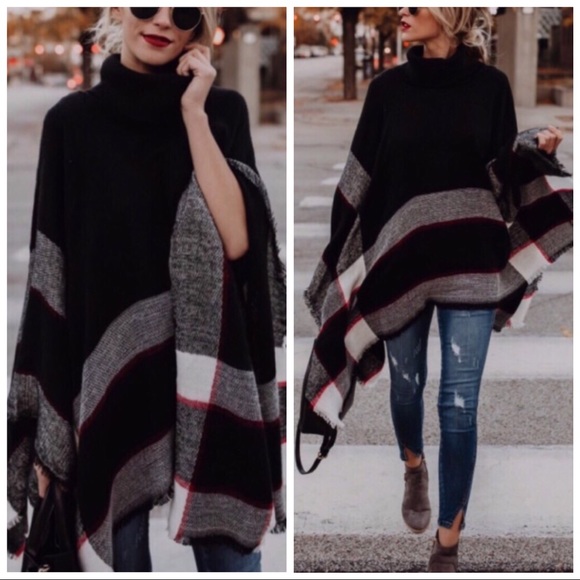 Brown Burgundy Plaid Shawl Poncho One Size - Picture 3 of 4