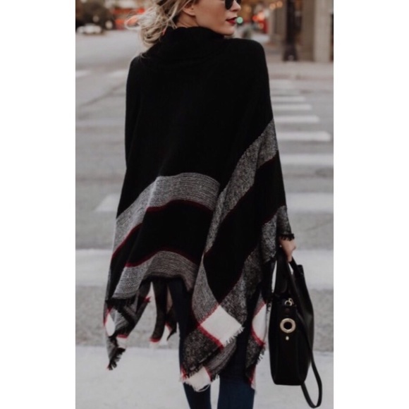 Brown Burgundy Plaid Shawl Poncho One Size - Picture 4 of 4