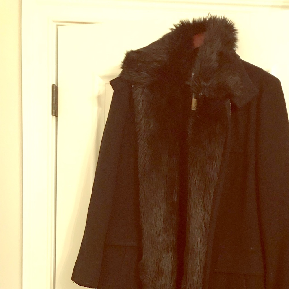 Beautiful long black coat with fur trim