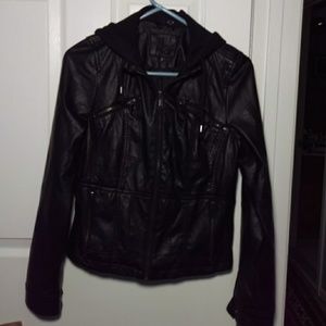 Ladies Black Faux Leather Jacket w/Removable Hood
