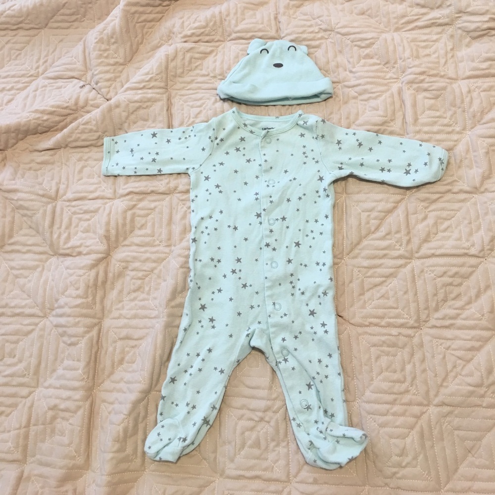 Light blue Carter’s 0-3 mos pajamas with hat