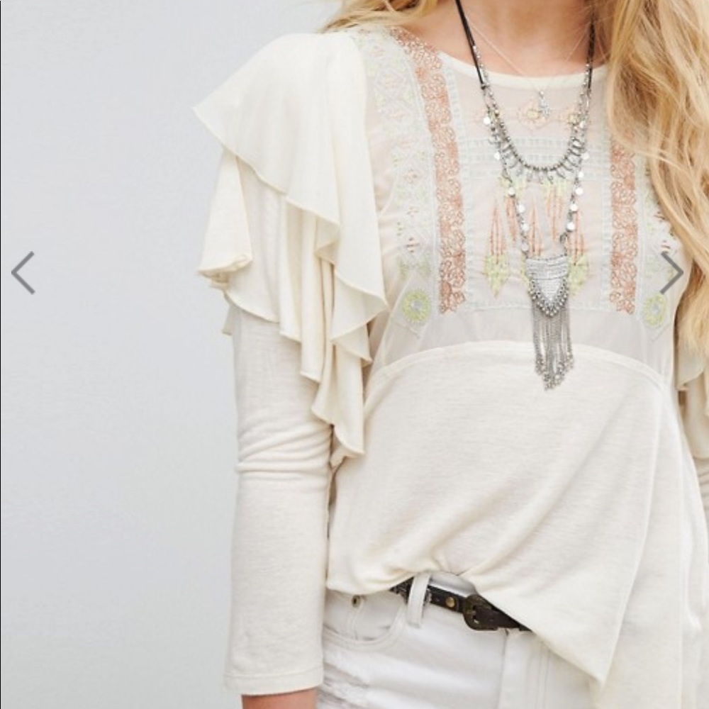 Free People Embroidered Ruffle Blouse C4 - Picture 2 of 8