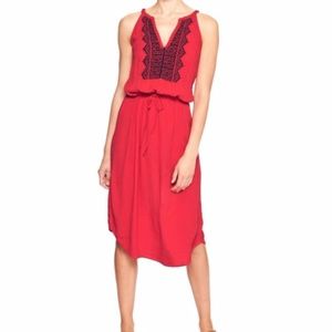 New Gap Embroidered Split Neck Halter Dress Red