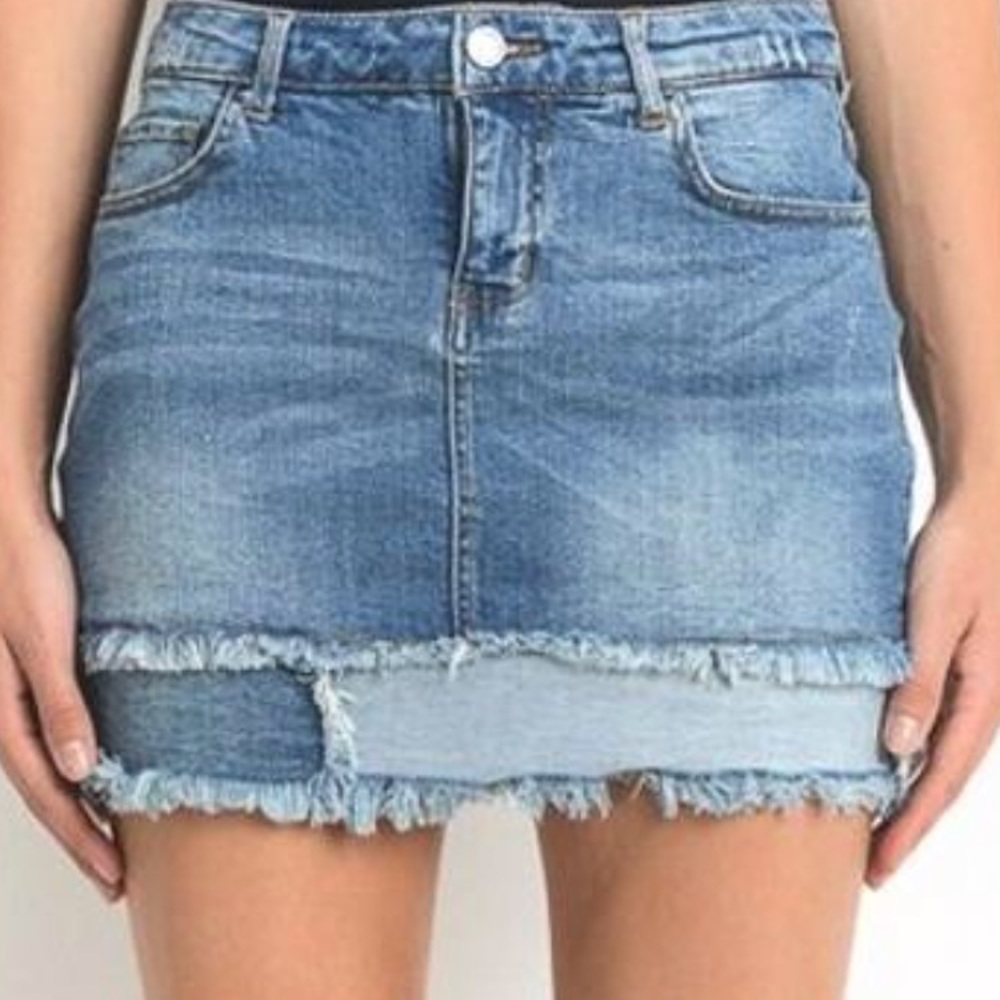 Distressed two toned jean skirt
