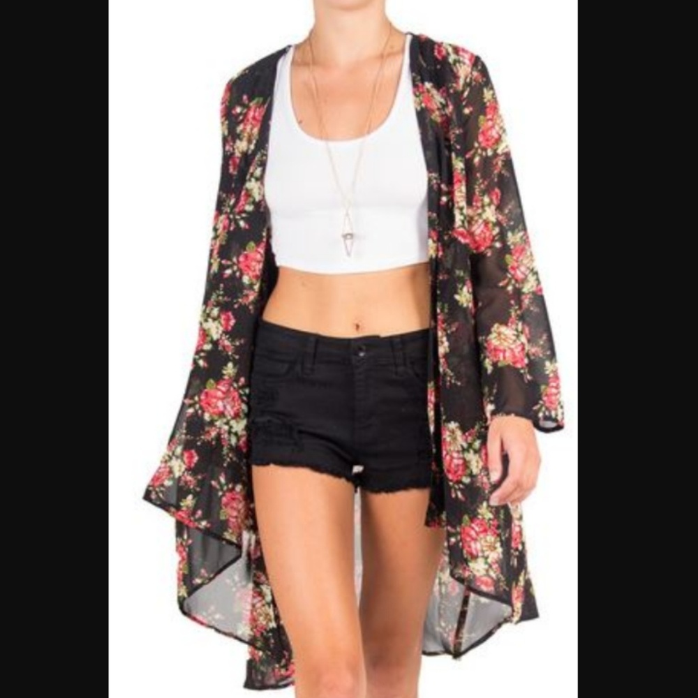 Black Floral Kimono Duster Maxi Coverup