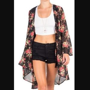Black Floral Kimono Duster Maxi Coverup
