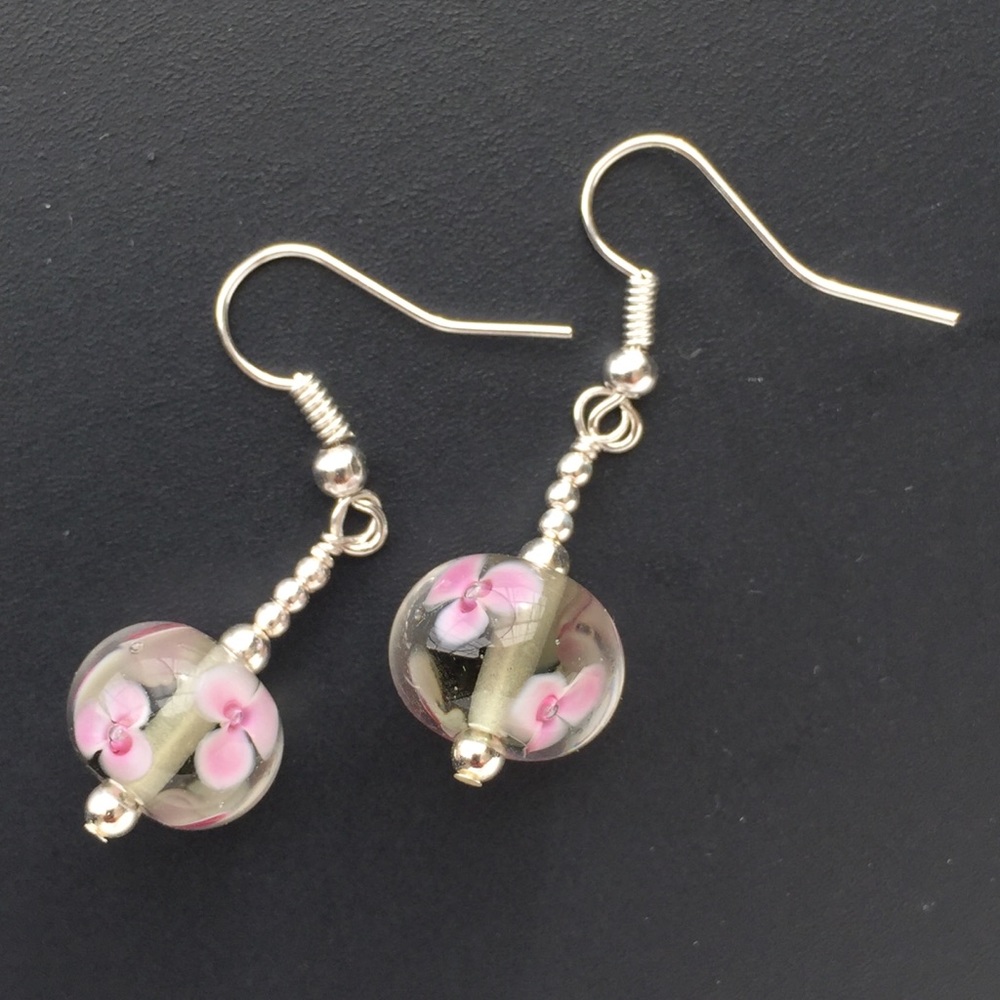 Pink Flowers on Grey Artisan Glass Bead Earrings