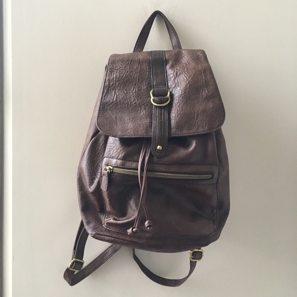 Brown faux leather mini drawstring backpack