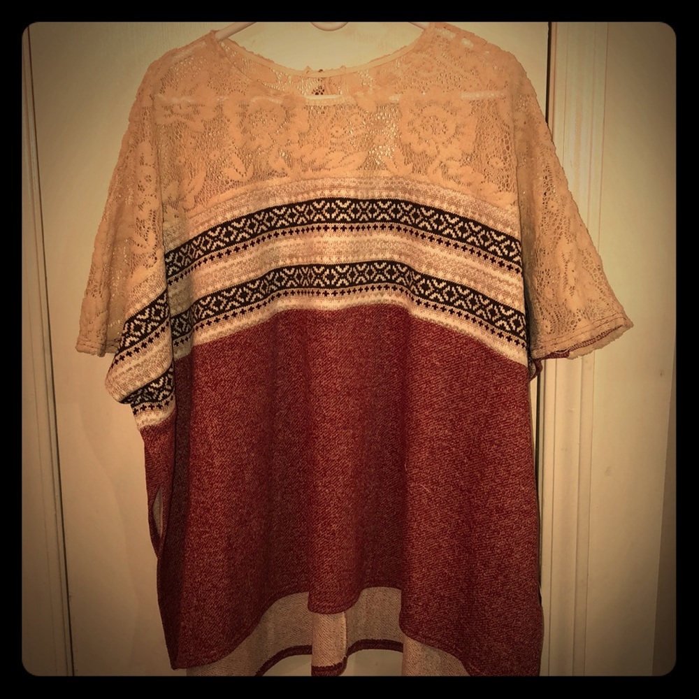 Ryu Poncho red and cream soft poncho.