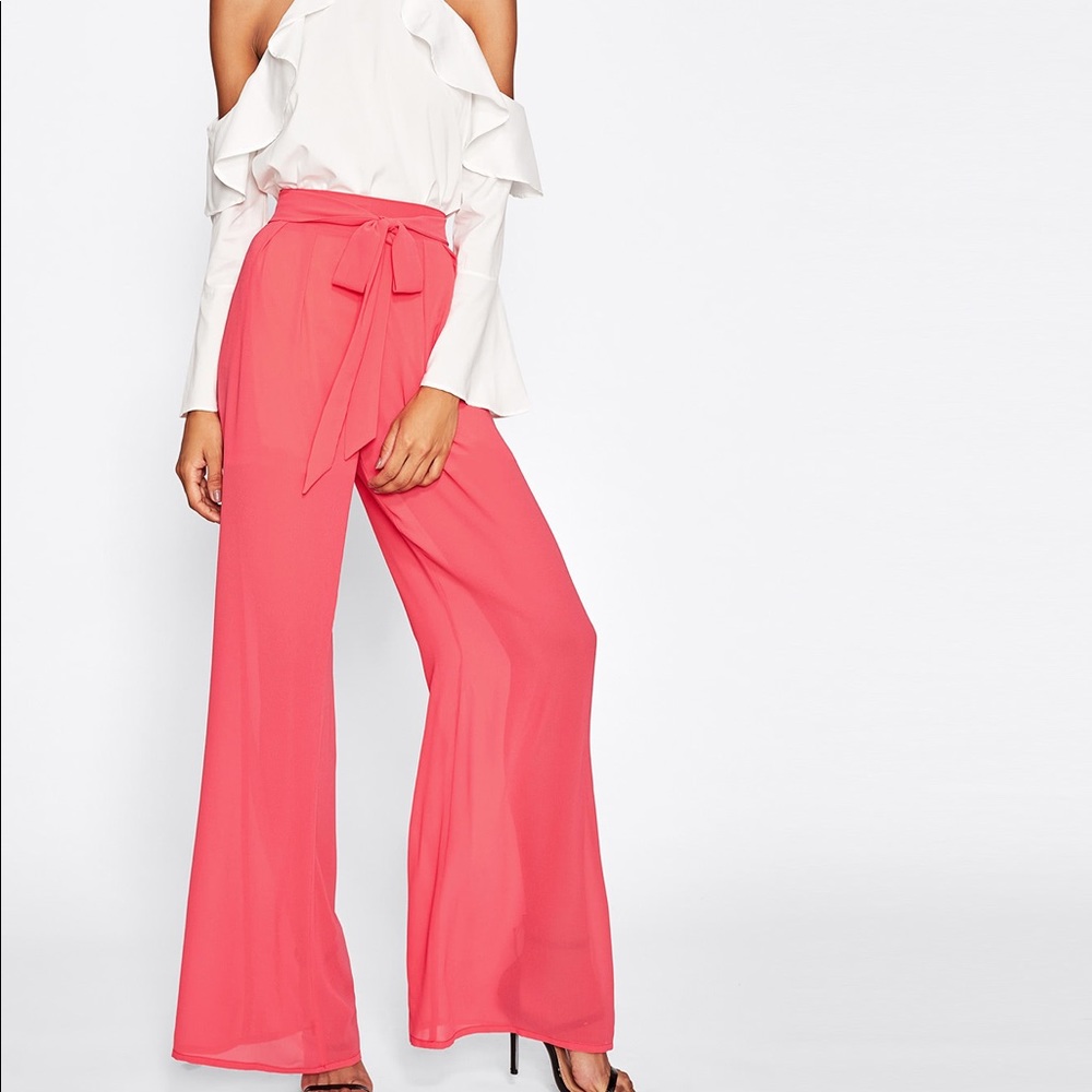 🆕Coral Chiffon self Belted palazzo pants - Picture 6 of 8
